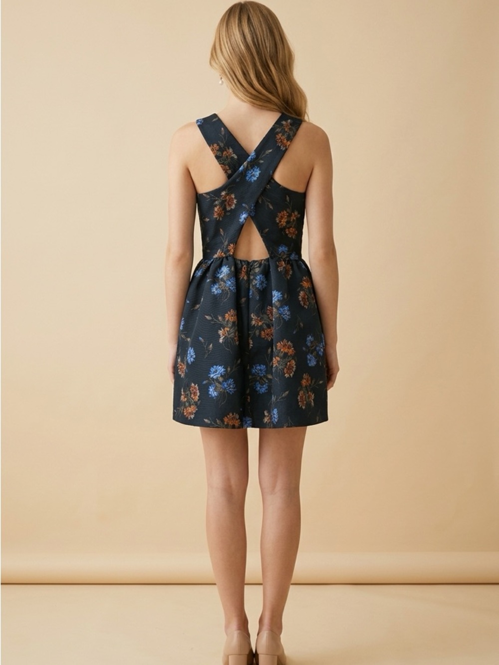New with tag Zara Navy Floral Dress with Blue and Brown Blooms, Fits Small Size